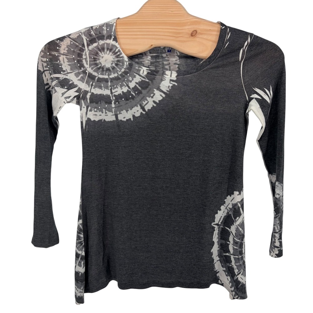 Planet Motherhood Maternity Top Medium Black Tie Dye Rhinestone 3/4 Sleeve Tunic
